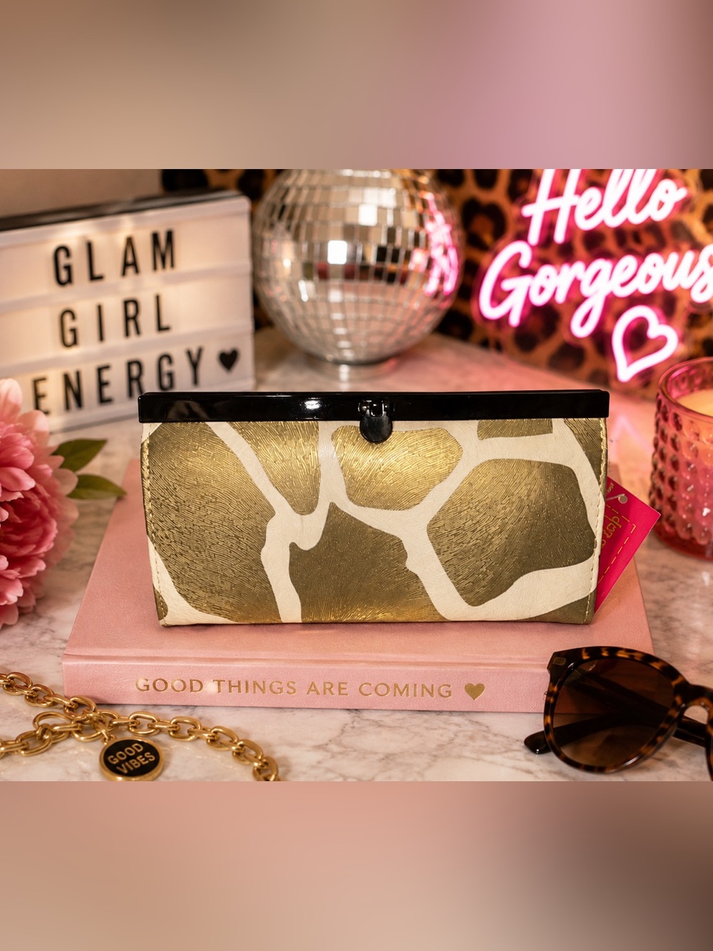 Depeche Mode NY Metallic Gold Giraffe Print Frame Clutch Wallet NWT